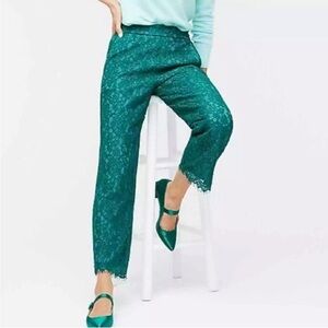 J Crew high Rise Peyton Pull On Holiday Teal Green Lace Straight Leg Pants AE827